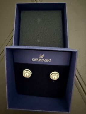 Swarovski Pearl and Crystal Halo Stud Earrings in White and Silver